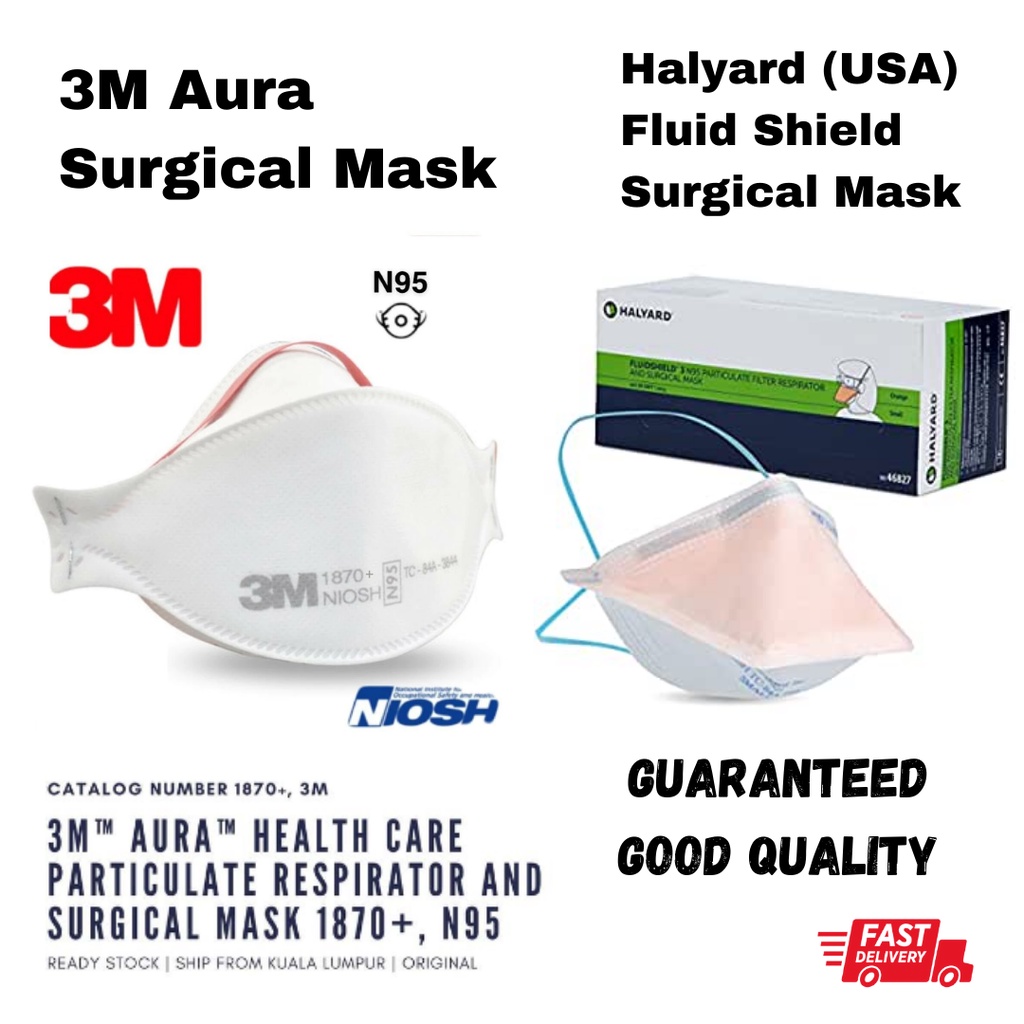 3M AURA 1870+ N95 Mask | Halyard Fluidshield Level 3 N95 Surgical Mask ...