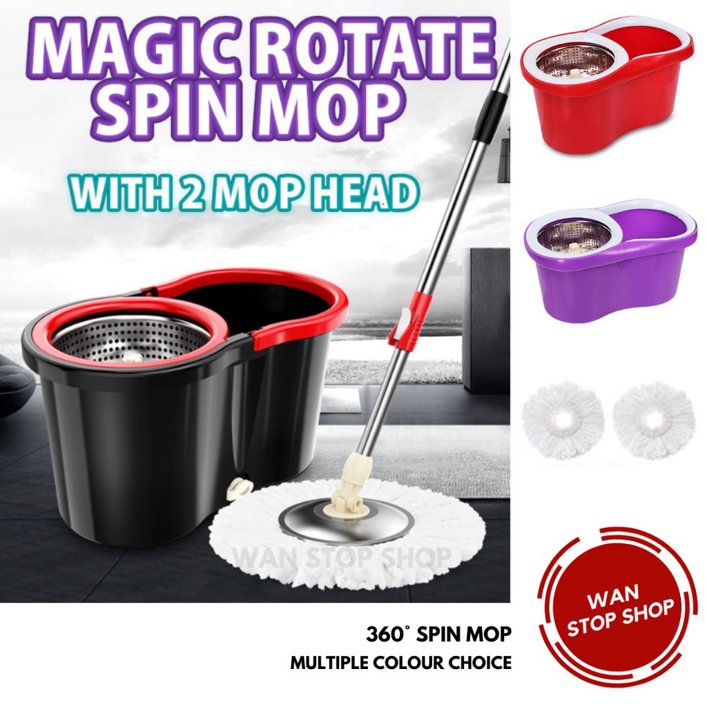 mop lantai Easy Spin Mop with Wheels, Include 2 Mop Head, Mop Lantai