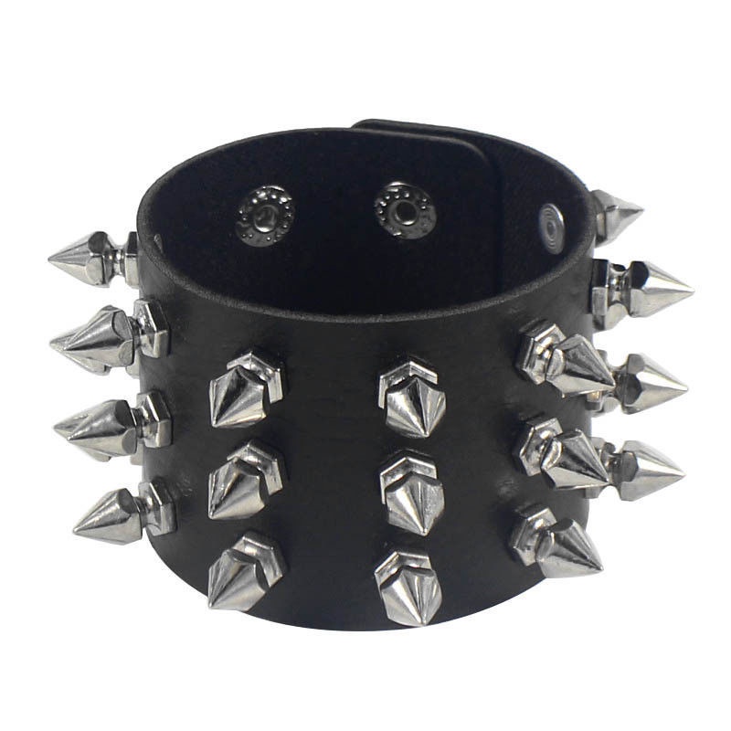 Bracelet Split Leather Wrist Cuff Wristband Rivet Adjustable Snap Button  Braided Winding Hand Decoration Punk Jewelry(Black)