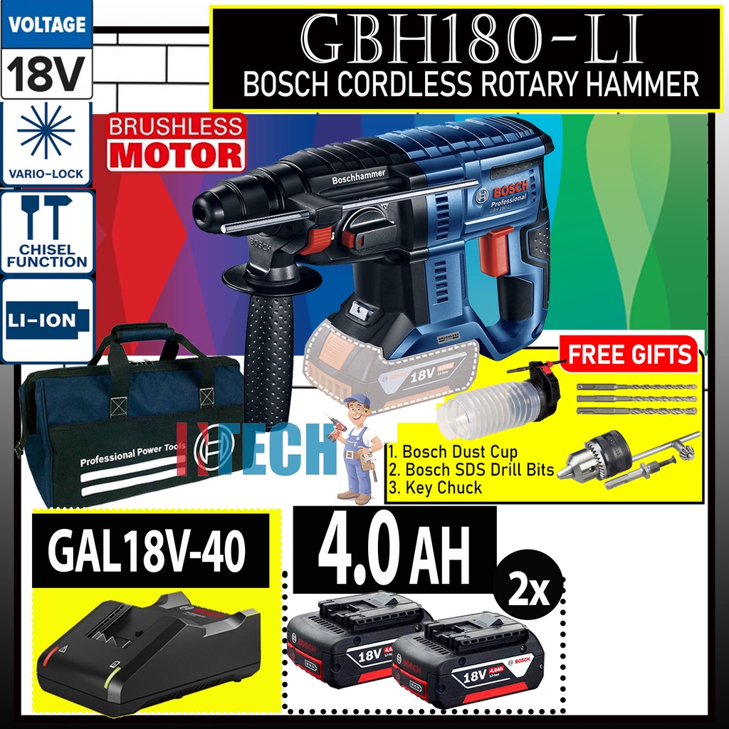 BOSCH GBH180-LI CORDLESS ROTARY HAMMER+ 2NOSx4.0AH BATTERY+1x GAL18V40 ...