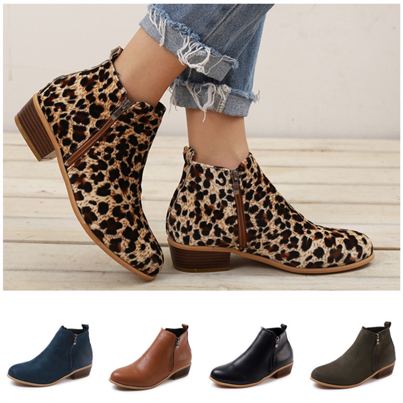 Plus Size Women s Autumn Flat Zipper Ankle Boots Fashion Retro Leopard Print Leather Boots Outdoor Leisure and Comfortable Work Boots Shopee Malaysia