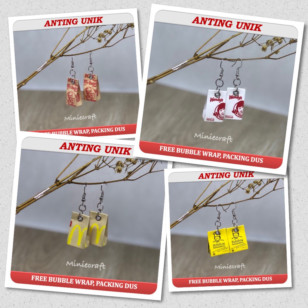 UNIQUE MINIATURE EARRINGS BAG FOOD KFC, MCD, ROTI BOY, WENDYS | Shopee ...