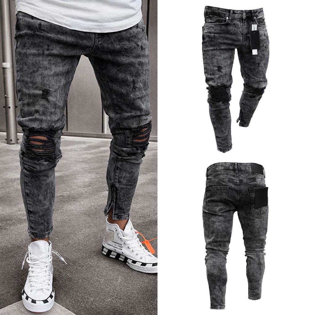 Fashion Ripped Slim Black Men's Jeans With Elastic Ankle, 44% OFF