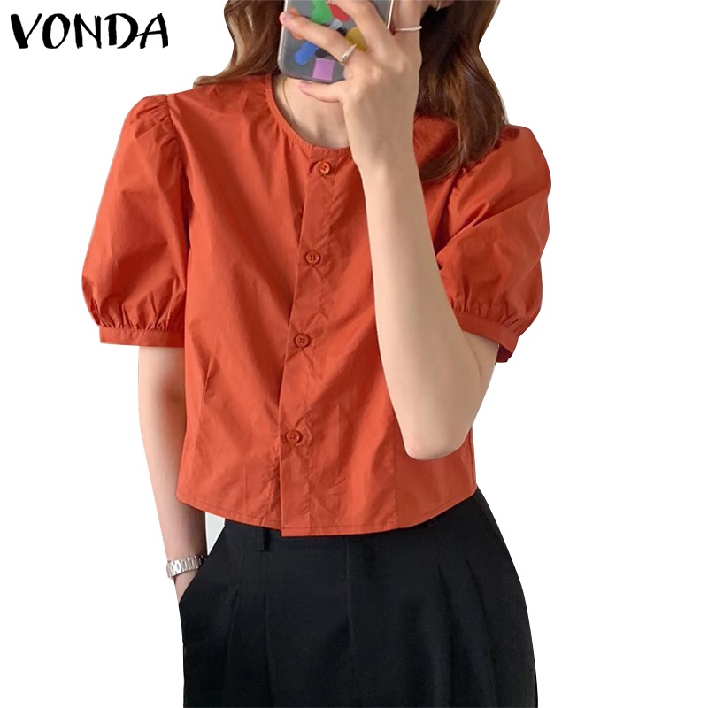 VONDA Women Korean Round Neck Puff Sleeve Short Sleeve Solid Color ...