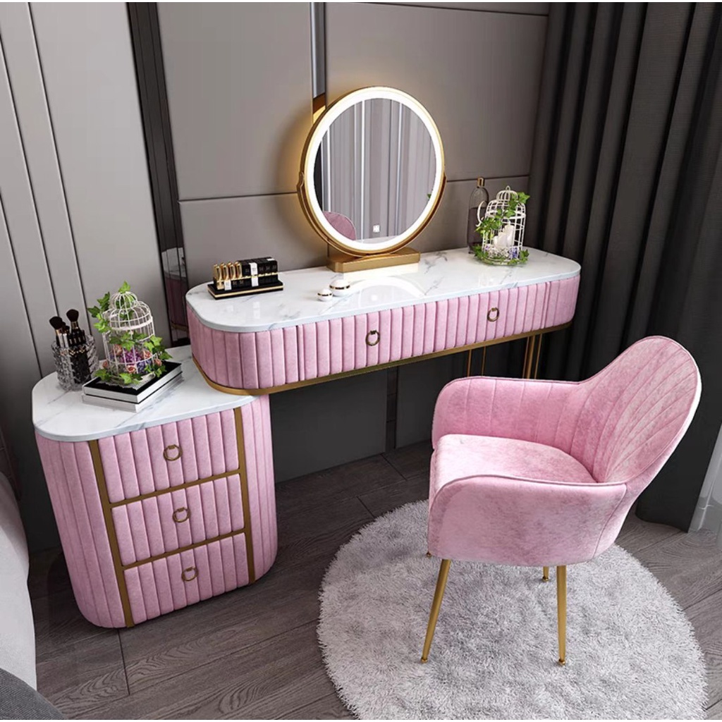 [PRE ORDER] NERA Dressing Table Set Marble Top With Chair and LED Mirror Meja Solek Luxury