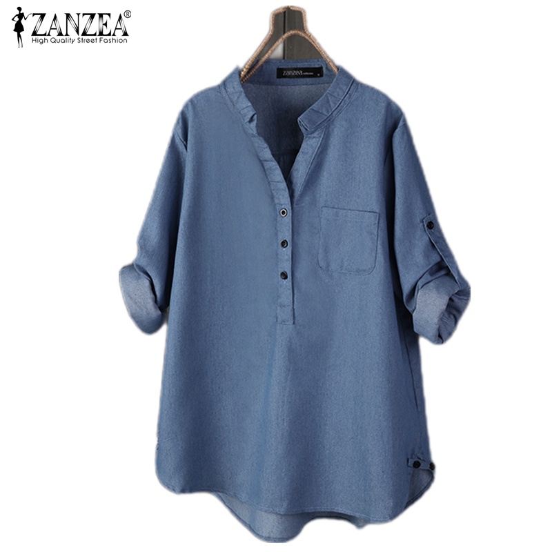 ZANZEA Women's V-Neck Rolled-Up Long Sleeve Denim Buttons Blouse ...
