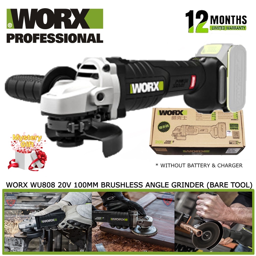 WORX 20V WU808.9 Cordless 100mm Brushless Angle Grinder bare tool