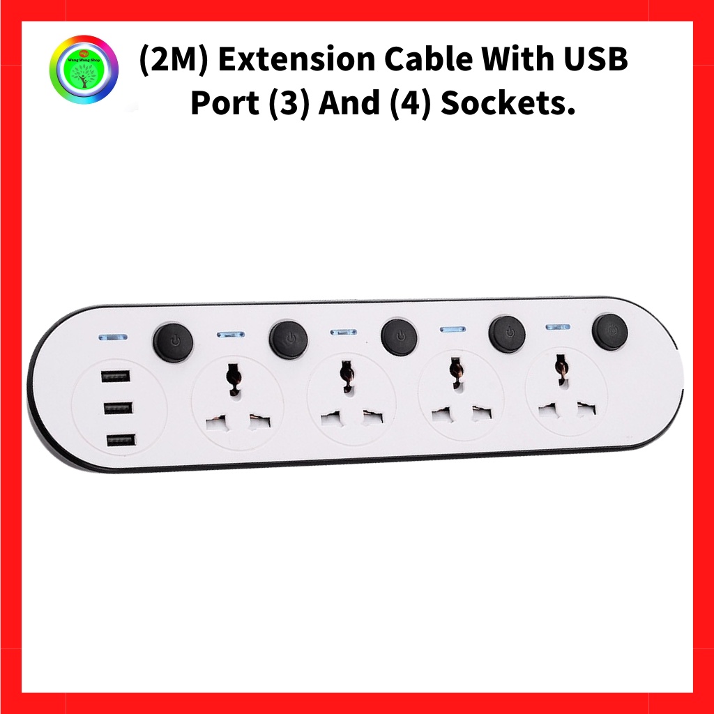 (2M) Extension Cable With USB Port (3) And (4) Sockets. Shopee Malaysia