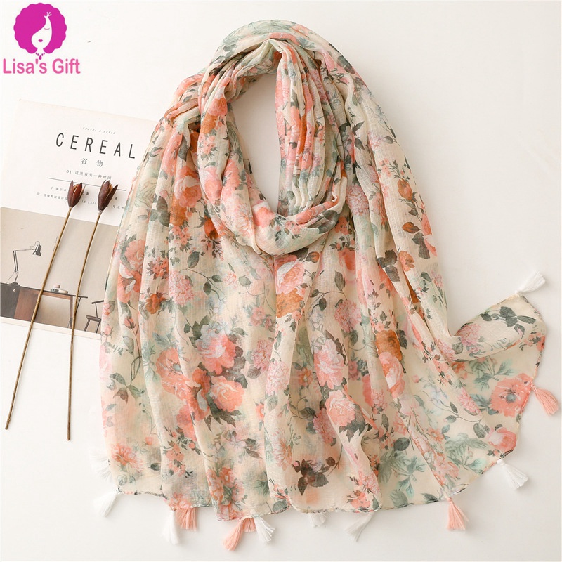 Girl's power flowy cotton shawl floral printed wide shawl women comfy ...