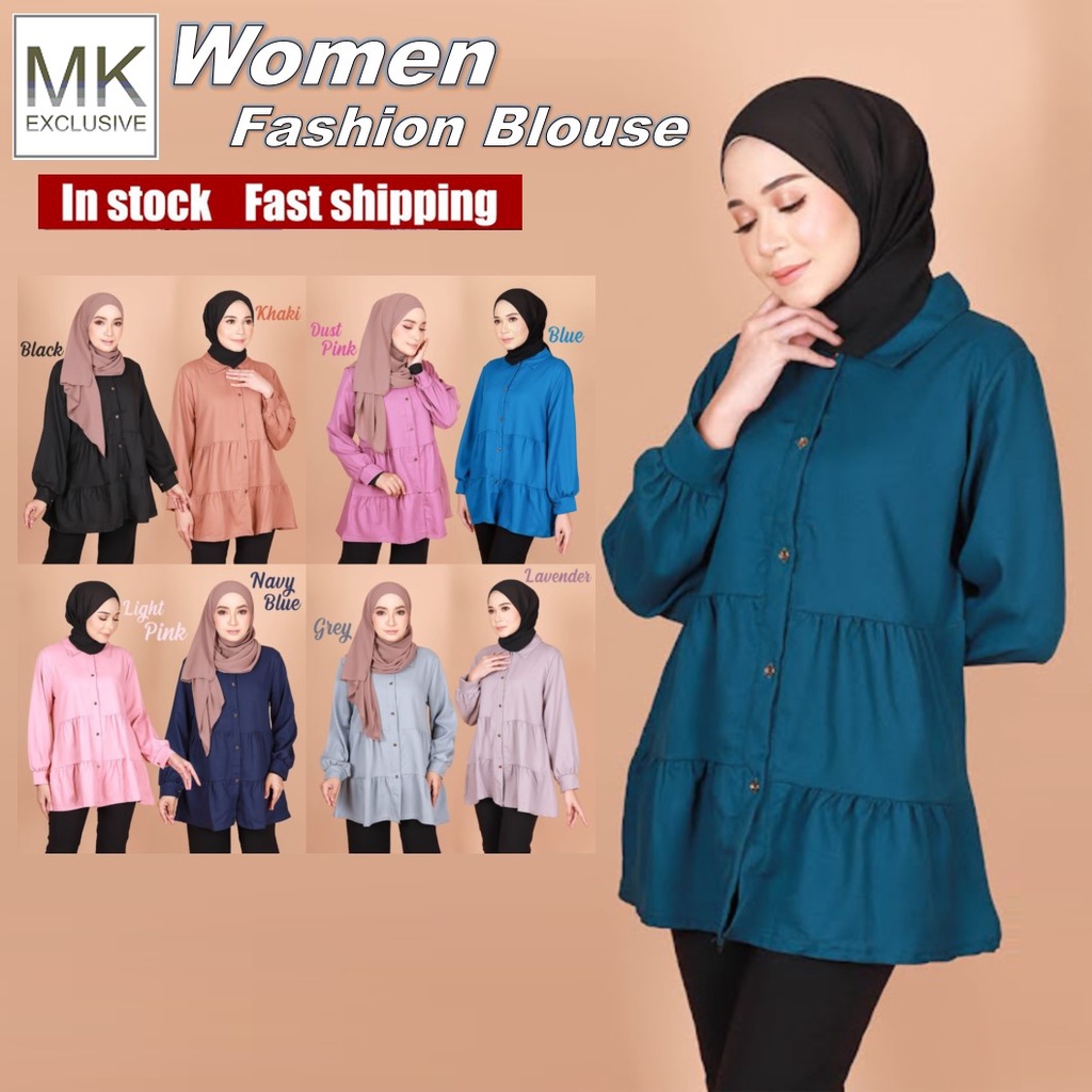 Mk Exclusive Womens Blouse Plus Size Amalina Fashion Blouse Collar Neck Muslimah Baju Perempuan 