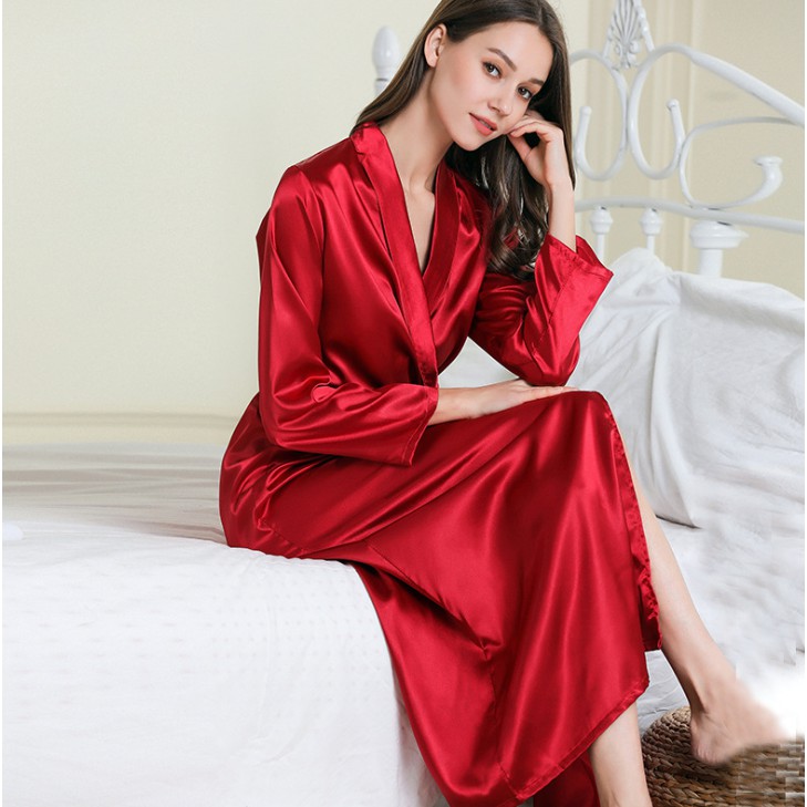 Ready Stock ]Jubah Women Satin Silk Long Sleeve Robe Elegant Kimono Lapel  Collar Pyjamas Sleepwear Nightwear Long length Bathrobe Dressing Gown  LoungeWear Design Robe