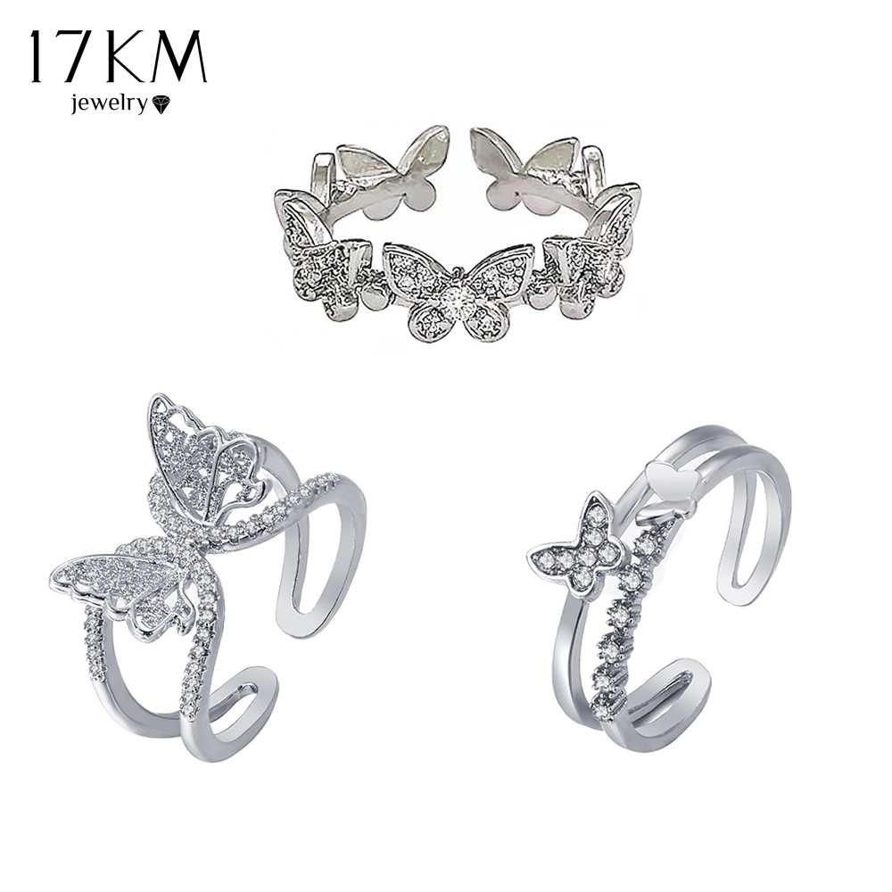 17KM Fashion Crystal Silver Ring for Women Butterfly Ring Accessories