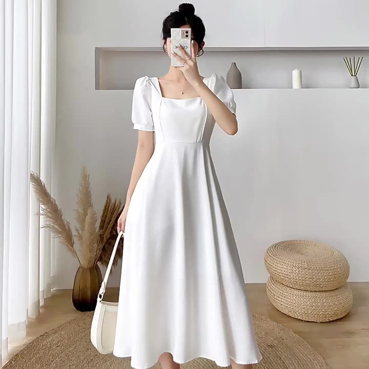 white dress korean style Women s Sweet Style Long Skirt High End