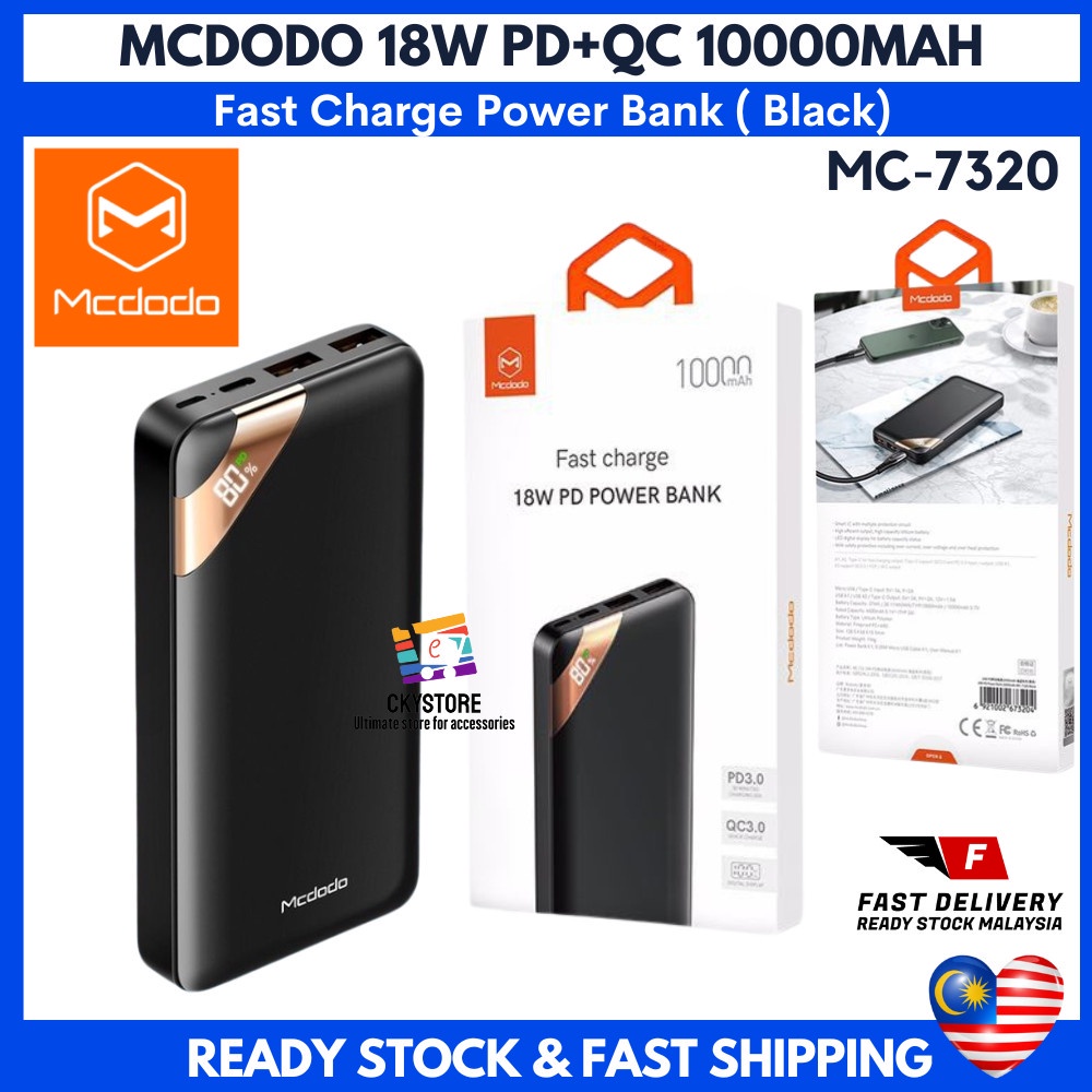 MCDODO MC 7320 18W PD QC 10000MAH Fast Charge Power Bank Black Shopee Malaysia