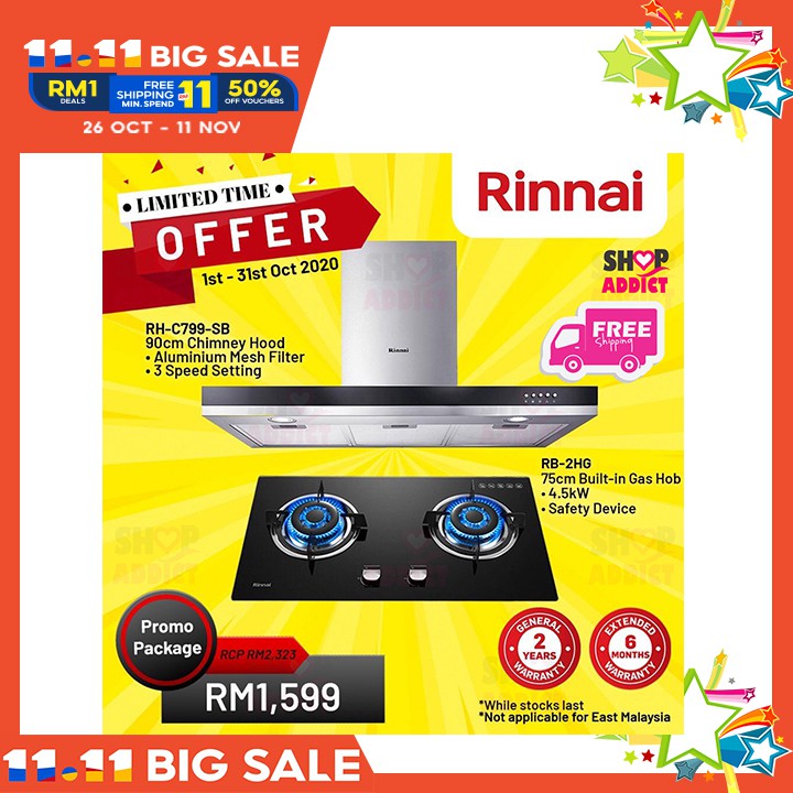 Rinnai RHC799SB Chimney Hood RB2HG Builtin Hob (Set Package