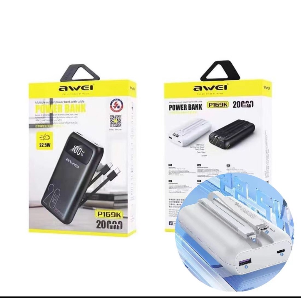 AWEI 20000MAH P169K MULTIPLE OUTPUT POWER BANK WITH CABLE 20000MAH 22 ...