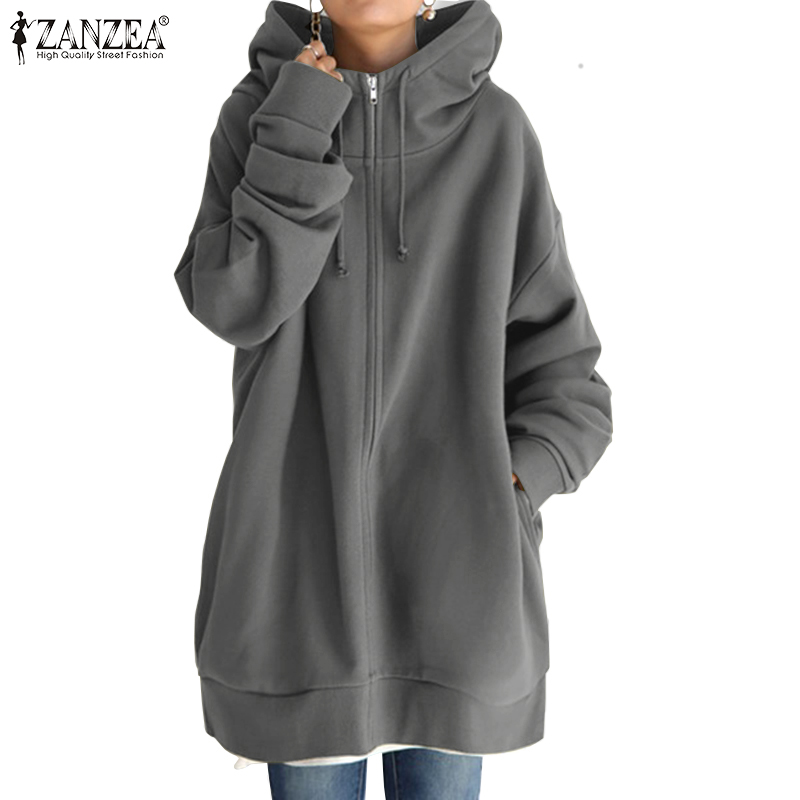 ZANZEA Women Winter O Neck Solid Color Zipper Casual Hoodies Coats ...
