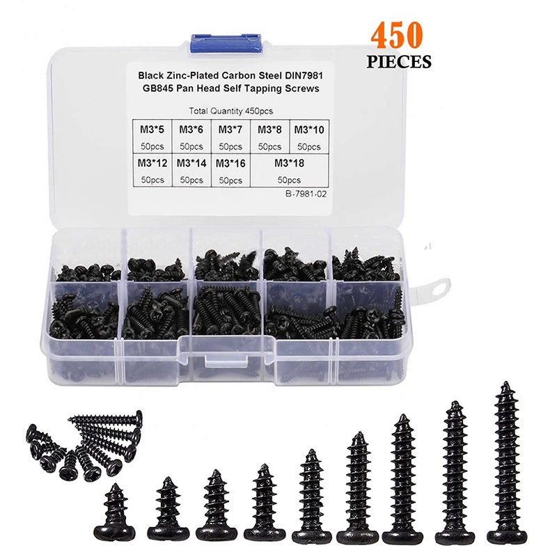 450PCS M3 x 5/6/7/8/10/12/14/16/18mm Black ZincPlated Carbon Steel Pan