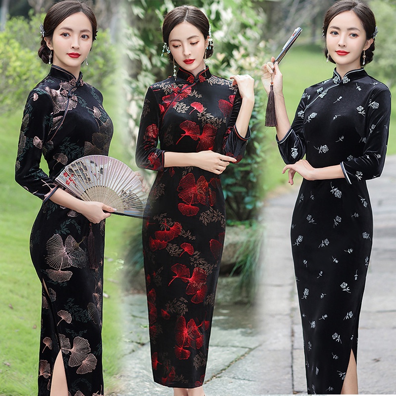 2021 Winter New Velvet Qipao Half Sleeve Slim Long Cheongsam Dress Bllack  Floral Print Elegant New Chinese New Year Clothing Dresses M to 5XL