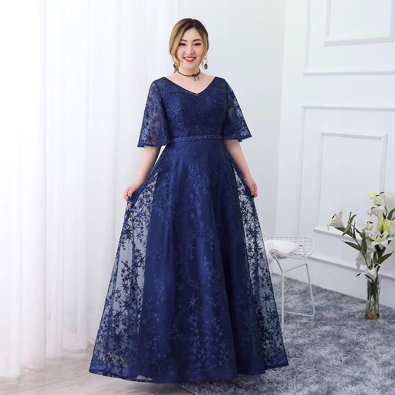 Plus Big Size 6XL Long Formal Blue Dinner Evening Dress Women Girl Party Bride Bridesmaid Wedding Event Maxi Dresses