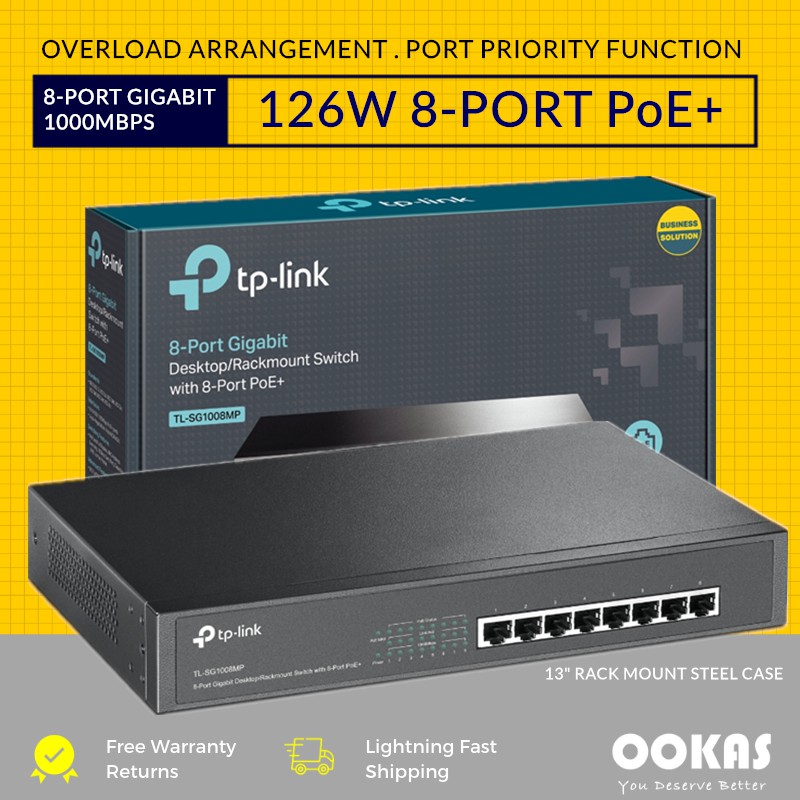 TP-Link TL-SG1008MP 8 Port Gigabit PoE Switch 8 PoE+ Ports @153W Rackmount  Plug & Play Sturdy Metal Shielded Ports Overload Protection w/ Port