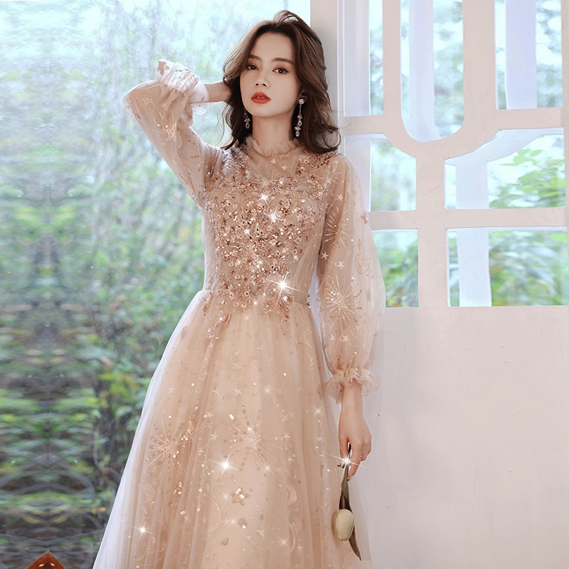 Champagne Annual Meeting Evening Dress Elegant Long-sleeved Sequin Slim ...