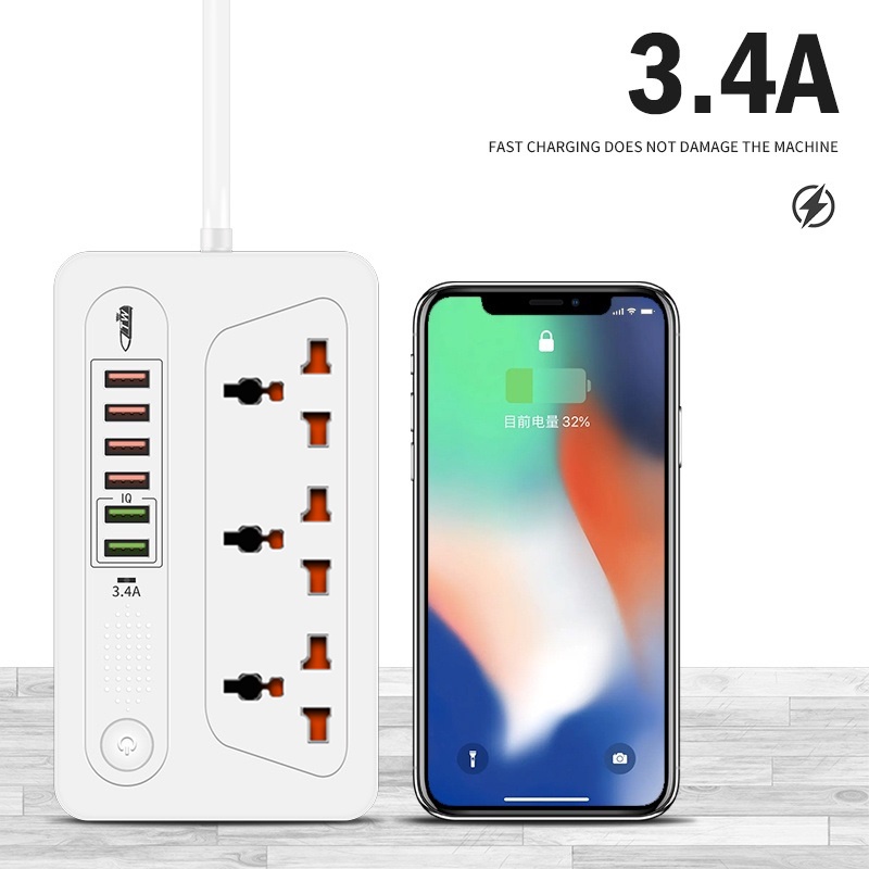 🔥Power Socket with Independent Switch 3.4A IQ Fast Charging 6 USB ...
