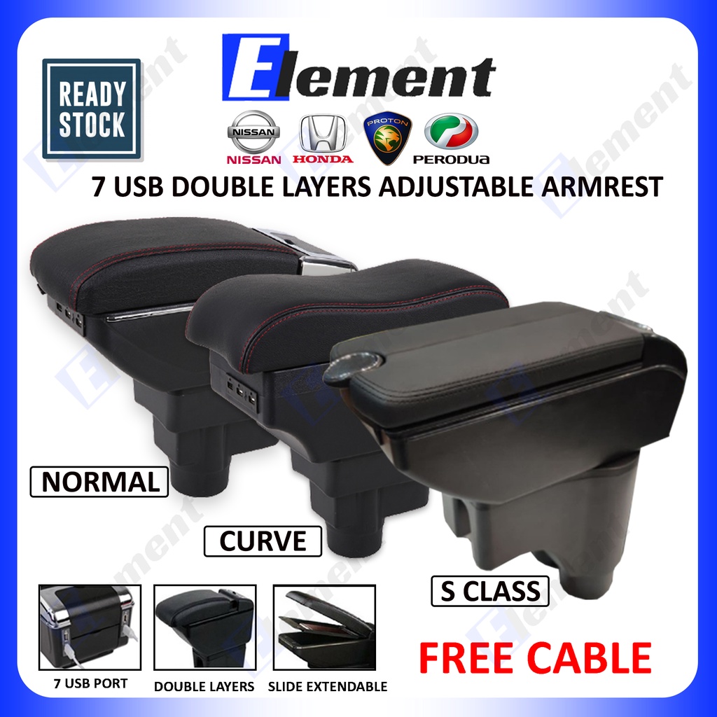 7USB Double Layers Armrest Adjustable Cup Holder Arm rest Perodua Axia Myvi Bezza Almera Honda