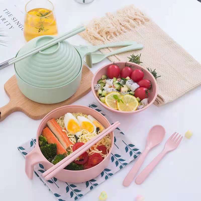 Instant Noodles Bowl With Lid Handle Dinnerware Wheat Straw Japanese Style Soup Ramyun Ramen