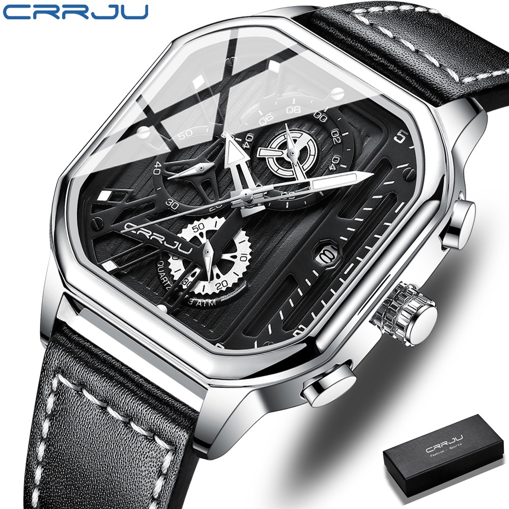 Men s Watch CRRJU Casual Vintage Original Brand Square Design Leather Fashion Military Sports Quartz Waterproof 2302