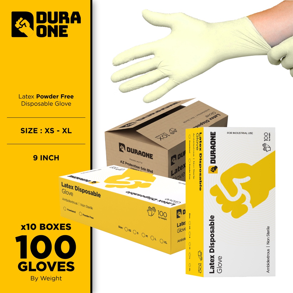 DuraOne Latex Disposable Gloves Powder Free (100 Pcs x 10 Boxes