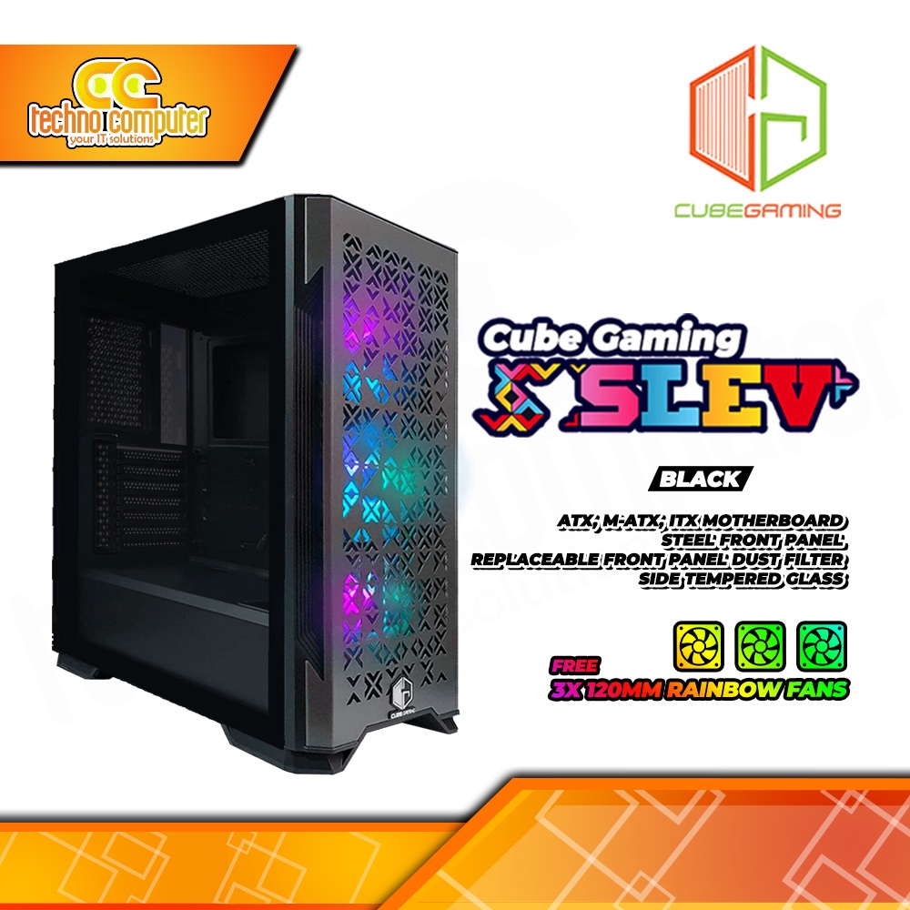 CASING CUBE GAMING SLEV Black - ATX Case Tempered Glass (Free 3x RGB ...