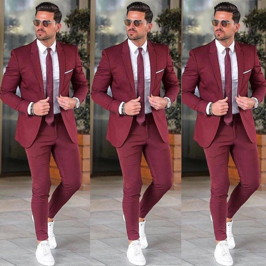 Burgundy maroon color Elegant Custom Burgundy Men Suit Blazers For Party Prom 2 Pieces Jacket Pants Groom Wedding Suits Notched Lapel Mens Tuxedos