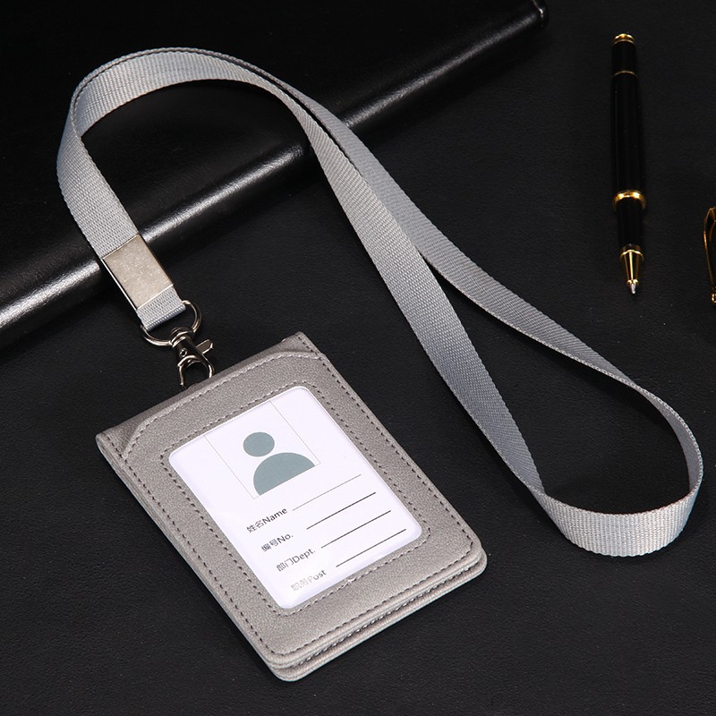 Badge Holder, Double Sided PU Leather ID Badge Card Holder with Lanyard ...