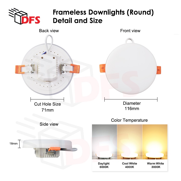DFS LED LIGHT /Recessed/Frameless Led Downlight 12W (3000K / 4000K ...