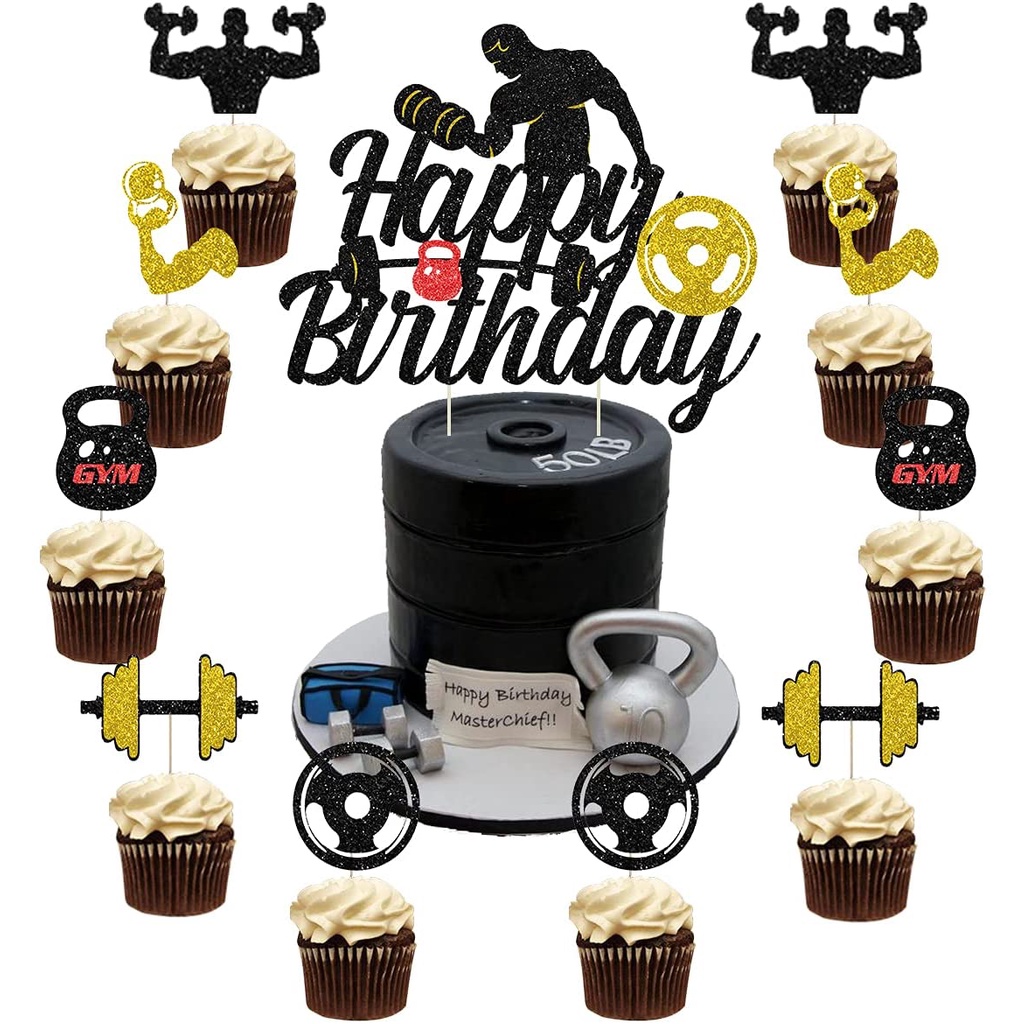 CHEEREVEAL 25 PCS Gym Birthday Party Cake Decoration Black and Gold ...