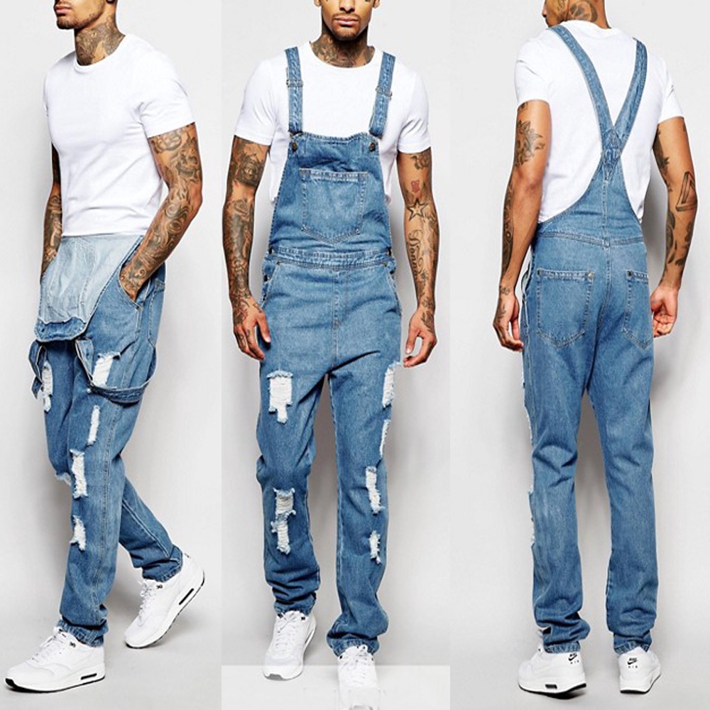 S-3XL Fashion Korean Men's Overalls Denim Jeans Ripped Skinny