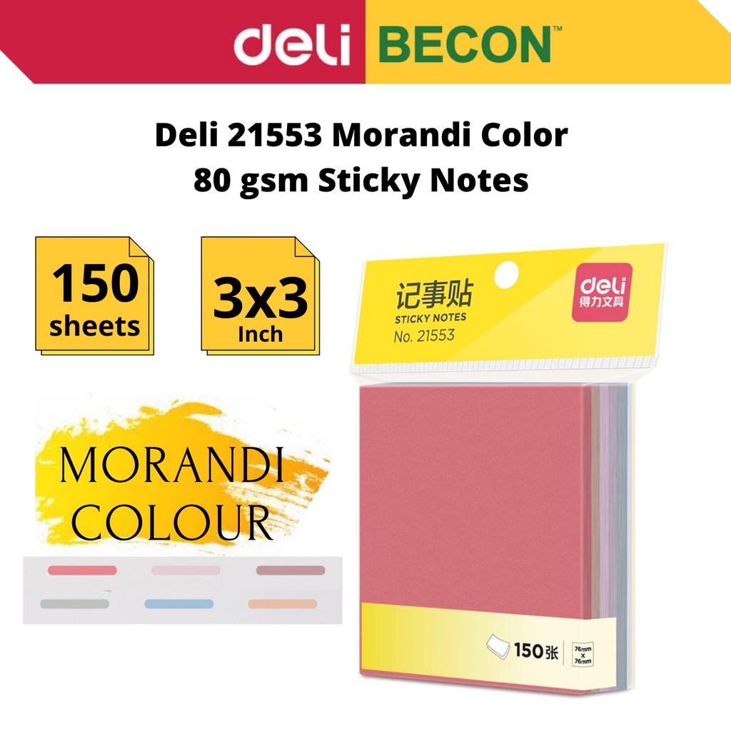 Deli Morandi Color 80 gsm Sticky Notes Mix Colour 3x3 inch 21553 150's ...