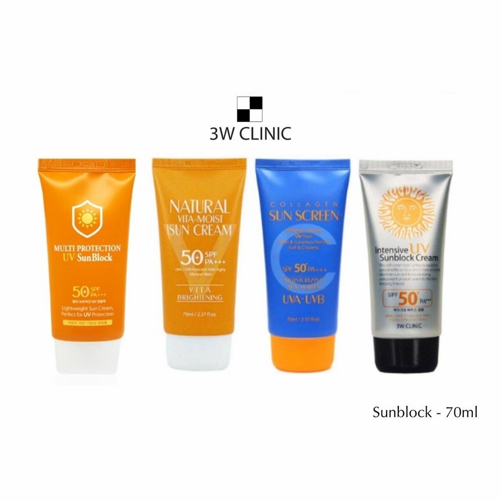 70ml 100 Original 3W Clinic Intensive Sun Block Cream SPF50 PA+++ with Makeup Base Sunblock