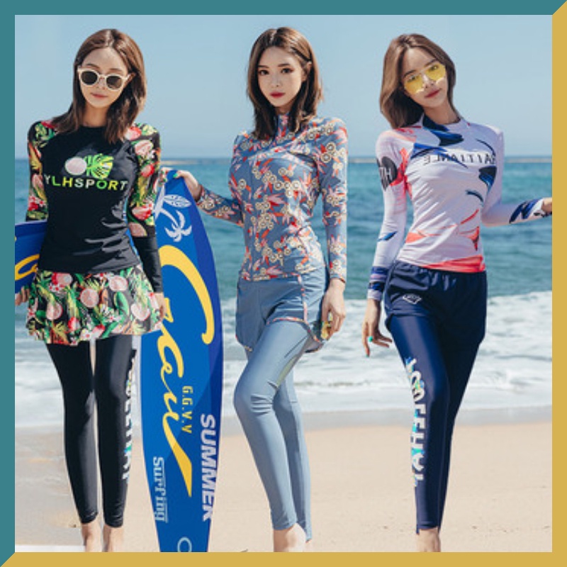 Women Rashguards Long Sleeves Long Trunks Set Water Sports Swimming