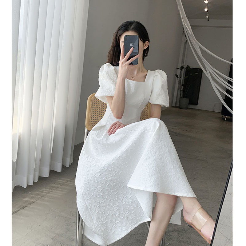 French white large skirt long skirt summer new square neck elegant ...