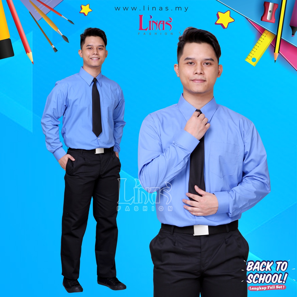 LINAS FASHION | KEMEJA SEKOLAH BIRU LS LICIN & COTTON | UNIFORM SEKOLAH ...