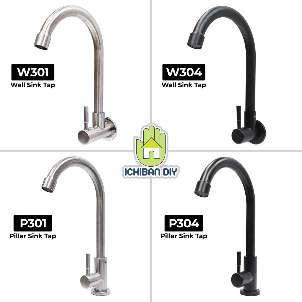 Stainless Steel SUS304 Black Wall Pillar Sink Tap Kitchen Faucet Kepala ...