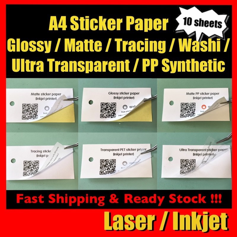 (10 sheets) A4 Label Sticker Paper (Matte / Tracing / Washi ...