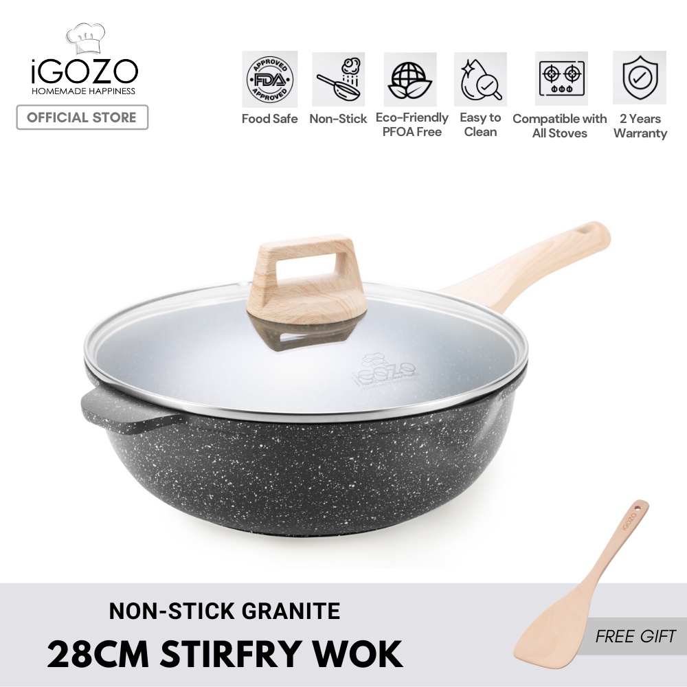 iGOZO Non Stick Granite Stir-fry Wok Deep Fry Pan (28cm) [Free Wooden Spatula]