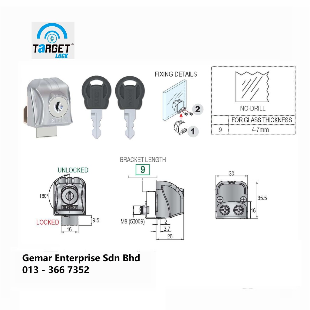 Target Brand - Economy Single Door Glass Lock - No Hole needed on Glass ...