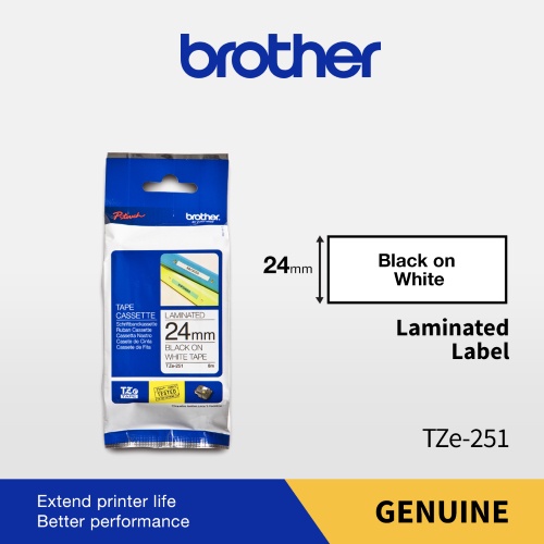 Brother Ptouch Tape Cassette Laminated 24mm Black on White tepe TZe