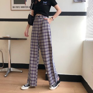 Women's Korean Casual Long Wide Leg Pants Plaid Straight Loose Trousers  Seluar Perempuan Plus Size