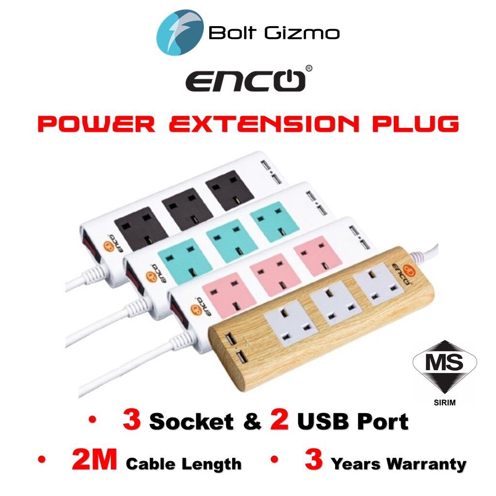 ENCO Smart Extension Plug Surge Overload Protector 3 Gang 2 USB Socket ...