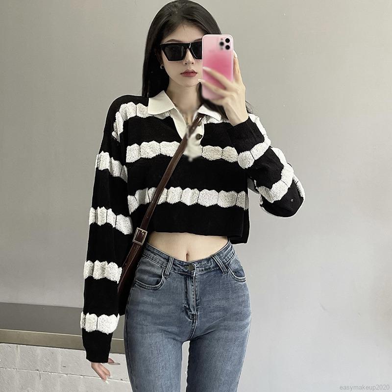 Black Stripe Collar Polo Long Sleeve Crop Top  Long sleeve crop top, Crop  top outfits, Polo crop top outfit